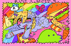 Size: 1064x696 | Tagged: safe, artist:bananamewmew, imported from derpibooru, derpy hooves, pegasus, pony, bracelet, burger, carrot, clothes, cluttered backround, confetti, confetti in mane, food, heart, jewelry, lying down, pizza, prone, puking rainbows, rainbow, scar, socks, solo, striped socks, unshorn fetlocks, vomit, vomiting