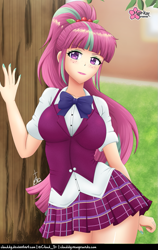 Size: 631x1000 | Tagged: safe, artist:clouddg, imported from derpibooru, sour sweet, human, equestria girls, bangs, bowtie, clothes, crystal prep academy uniform, eyeshadow, female, freckles, green eyeshadow, human coloration, legs, legs together, makeup, pleated skirt, school uniform, short sleeves, skirt, tree, uniform