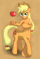 Size: 1400x2048 | Tagged: safe, artist:sharpy, imported from derpibooru, applejack, centaur, taur, apple, applejack's hat, breasts, centaurified, covering, covering breasts, cowboy hat, food, hat, raised hoof, species swap