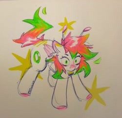 Size: 2980x2872 | Tagged: safe, artist:moewwur, imported from derpibooru, oc, oc only, pegasus, pony, female, green eyes, looking down, simple background, solo, solo female, stars, traditional art, two toned mane, white coat