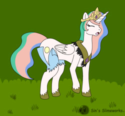 Size: 2084x1932 | Tagged: safe, artist:sin-r, imported from derpibooru, princess celestia, alicorn, human, pony, clothes, crown, denim, eyes closed, high res, hoof shoes, human to pony, jeans, jewelry, open mouth, outdoors, pants, peytral, regalia, solo, transformation, transformation sequence, transforming clothes, transgender transformation