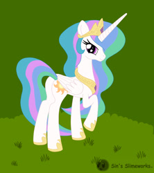 Size: 2072x2332 | Tagged: safe, artist:sin-r, imported from derpibooru, princess celestia, alicorn, pony, butt, crown, female, high res, hoof shoes, human to pony, jewelry, looking at you, mare, outdoors, peytral, plot, raised hoof, regalia, solo, transformation, transformation sequence