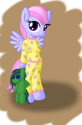 Size: 766x1164 | Tagged: safe, artist:sin-r, imported from derpibooru, oc, oc only, oc:northern, oc:starshine, anthro, pegasus, arm hooves, breasts, chibi, clothes, cutie mark, cutie mark on clothes, female, fluttershy's cutie mark, hoof hold, pajamas, plushie, ponysona, simple background, smiling, solo, standing