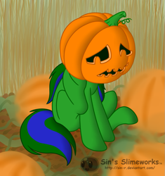 Size: 781x831 | Tagged: safe, artist:sin-r, imported from derpibooru, oc, oc only, oc:northern, pony, female, halloween, holiday, implied transformation, mare, pumpkin, pumpkin head, pumpkin patch, sad, scratching, sitting, solo