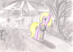 Size: 2132x1520 | Tagged: safe, artist:alexandrvirus, imported from derpibooru, oc, oc only, oc:star mix, pegasus, pony, fallout equestria, clothes, female, mare, outdoors, scenery, solo, traditional art, walking, weapon