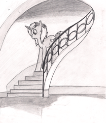 Size: 1508x1756 | Tagged: safe, artist:alexandrvirus, imported from derpibooru, oc, oc only, pony, unicorn, descending, grayscale, horn, monochrome, solo, stairs, traditional art, walking