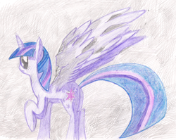 Size: 1944x1544 | Tagged: safe, artist:alexandrvirus, imported from derpibooru, twilight sparkle, alicorn, pony, female, looking at you, mare, profile, raised hoof, solo, spread wings, traditional art, twilight sparkle (alicorn), wings