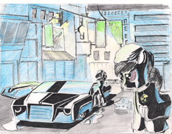 Size: 2180x1700 | Tagged: safe, artist:alexandrvirus, imported from derpibooru, oc, oc only, pony, fallout equestria, car, city, clothes, hat, noir, solo, street, traditional art