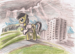 Size: 2128x1524 | Tagged: safe, artist:alexandrvirus, imported from derpibooru, oc, oc only, earth pony, pony, apartment block, clothes, outdoors, path, solo, traditional art