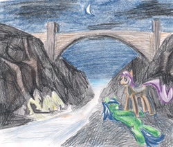 Size: 1732x1476 | Tagged: safe, artist:alexandrvirus, imported from derpibooru, oc, oc only, earth pony, pony, bridge, campfire, duo focus, lying down, night, on back, outdoors, river, traditional art, water