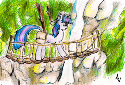 Size: 1632x1100 | Tagged: safe, artist:alexandrvirus, imported from derpibooru, twilight sparkle, pony, unicorn, bag, bridge, female, forest, hat, jungle, mare, nature, outdoors, saddle bag, solo, traditional art, tree, unicorn twilight, water, waterfall