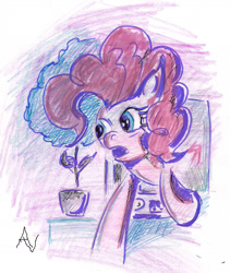 Size: 1340x1588 | Tagged: safe, artist:alexandrvirus, imported from derpibooru, pinkie pie, earth pony, pony, breaking the fourth wall, female, mare, potted plant, solo, television, traditional art