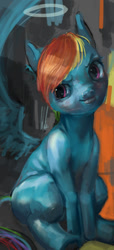 Size: 320x700 | Tagged: safe, artist:exalius, artist:php90, artist:php91, artist:wob, rainbow dash, pegasus, pony, abstract background, blank flank, female, filly, filly rainbow dash, halo, mare, sitting, smiling, solo, solo female, younger