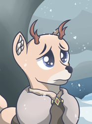 Size: 756x1017 | Tagged: safe, artist:cofido, imported from derpibooru, oc, oc only, oc:mathias jelzek, deer, equestria at war mod, antlers, bust, clothes, deer oc, ear fluff, fawn, frown, jewelry, male, necklace, non-pony oc, portrait, snow, snowfall, solo