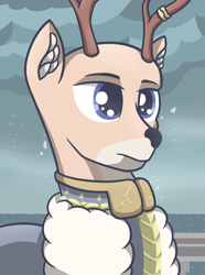 Size: 756x1017 | Tagged: safe, artist:cofido, imported from derpibooru, oc, oc only, oc:mathias jelzek, deer, equestria at war mod, antlers, bust, clothes, deer oc, male, non-pony oc, portrait, solo