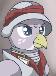 Size: 756x1017 | Tagged: safe, artist:cofido, imported from derpibooru, oc, oc only, oc:jaspis białoryb, griffon, equestria at war mod, armor, bust, clothes, griffon oc, helmet, knight, portrait, solo