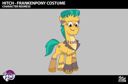 Size: 1920x1260 | Tagged: safe, imported from derpibooru, hitch trailblazer, earth pony, pony, spoiler:tyts02e37, .psd available, behind the scenes, clothes, concept art, costume, frankenstein, frankenstein's monster, g5, lil critter workshop, male, my little pony logo, nightmare night, nightmare night costume, official, smiling, solo, stallion, unshorn fetlocks