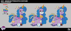 Size: 2966x1311 | Tagged: safe, imported from derpibooru, izzy moonbow, pony, unicorn, spoiler:tyts02e37, .psd available, behind the scenes, clothes, concept art, costume, female, g5, horn, lil critter workshop, mare, my little pony logo, nightmare night, nightmare night costume, official, señor butterscotch, smiling, solo, unshorn fetlocks