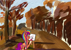 Size: 2000x1413 | Tagged: safe, artist:gosupermarinespitfire, imported from derpibooru, sunny starscout, earth pony, pony, autumn, brush, female, forest, g5, mane stripe sunny, mare, nature, outdoors, painting, solo, tree