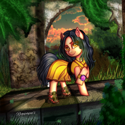 Size: 2348x2348 | Tagged: safe, imported from derpibooru, oc, oc only, earth pony, pony, accessory, black hair, bush, clothes, cloud, high heels, nature, original art, photo, ruins, shoes, smiling, solo, sunset, wide eyes