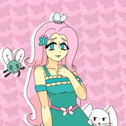 Size: 4096x4096 | Tagged: safe, artist:thanatoschanvt, imported from derpibooru, fluttershy, butterfly, human, insect, parasprite, rabbit, equestria girls, animal, belt, butterfly hairpin, clenched fist, clothes, cyan eyes, dress, female, hand on chest, looking at you, outline, patterned background, pink hair, smiling, smiling at you, solo, solo female, white outline, yellow skin