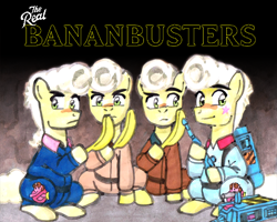 Size: 1000x800 | Tagged: safe, artist:mod wit, imported from derpibooru, oc, oc only, oc:banana pie, oc:bananas wit, alternate hairstyle, askbananaswit, banana, bunch of bananas wits, clothes, egon spengler, eyebrows, food, fruit, ghost trap, ghostbusters, group, hairstyle, hoof hold, parody, peter venkman, proton pack, quartet, raised eyebrow, ray stantz, sitting, smiling, the real ghostbusters, traditional art, uniform, weapon, winston zeddemore