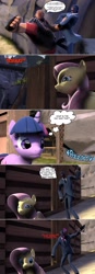 Size: 993x2839 | Tagged: safe, imported from derpibooru, fluttershy, twilight sparkle, human, pegasus, unicorn, 3d, arrow, crossover, female, gmod, heavy (tf2), horn, knife, male, speech bubble, spy (tf2), team fortress 2, thought bubble