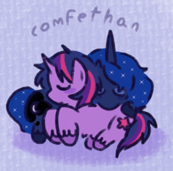 Size: 556x549 | Tagged: safe, artist:comfethan, imported from derpibooru, princess luna, twilight sparkle, alicorn, pony, unicorn, alternate design, alternate hairstyle, colored hooves, cuddling, duo, hooves, horn, male, no shading, nonbinary, simple background, sleeping, straight mane, straight tail, trans male, transgender, unicorn twilight, unshorn fetlocks, watermark