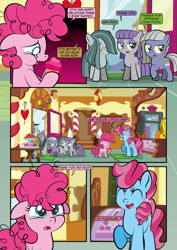 Size: 2482x3509 | Tagged: safe, artist:alexdti, imported from derpibooru, cup cake, igneous rock pie, limestone pie, marble pie, maud pie, pinkie pie, earth pony, pony, comic:how we met, comic, crying, cupcake, eating, eyes closed, female, filly, filly limestone pie, filly marble pie, filly maud pie, filly pinkie pie, floppy ears, foal, food, indoors, mare, offscreen character, open mouth, open smile, pie sisters, raised hoof, siblings, sisters, smiling, speech bubble, talking, teary eyes, younger