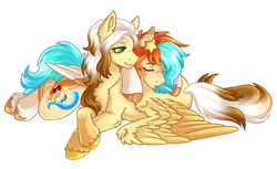 Size: 1280x783 | Tagged: safe, artist:kazmuun, imported from derpibooru, oc, oc only, pegasus, pony, blushing, chest fluff, cuddling, duo, female, fluffy, freckles, lying down, mare, pegasus oc, prone, simple background, sleeping, smiling, transparent background, unshorn fetlocks, wings