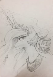 Size: 1050x1515 | Tagged: safe, artist:naafreelanceartist, imported from derpibooru, princess celestia, alicorn, pony, bust, crown, female, glowing, glowing horn, grayscale, hand, horn, jewelry, magic, magic hands, mare, monochrome, mug, peytral, portrait, regalia, smiling, solo, telekinesis, traditional art