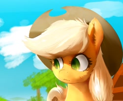 Size: 1617x1329 | Tagged: safe, artist:naafreelanceartist, imported from derpibooru, applejack, earth pony, pony, :t, applejack's hat, bust, cowboy hat, female, hat, mare, outdoors, portrait, solo