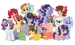 Size: 6000x3600 | Tagged: safe, artist:bemorebroadway, imported from derpibooru, oc, oc only, oc:astral spark, oc:camellia, oc:candy apple, oc:carnival fête, oc:carnival sprinkles, oc:dusty autumn, oc:julep illusion, oc:kanzi crisp, oc:luster volt, oc:nanobyte, oc:rainbow aura, oc:sanguine chiffon, oc:spirited justice, oc:static whirlwind, oc:winter jade, alicorn, bat pony, bat pony alicorn, earth pony, pegasus, pony, undead, unicorn, vampire, vampony, absurd resolution, base used, bat pony oc, bat wings, bite mark, blank flank, bow, crossover, crossover ship offspring, earth pony oc, female, flying, folded wings, freckles, gradient mane, hair bow, hair over eyes, heterochromia, horn, interspecies offspring, magical lesbian spawn, male, mare, mare oc, multicolored hair, next generation, offspring, parent:applejack, parent:astarion, parent:big macintosh, parent:cheese sandwich, parent:fluttershy, parent:leshy, parent:phantom r, parent:pinkie pie, parent:rainbow dash, parent:rarity, parent:ryuji sakamoto, parent:sci-twi, parent:starlight glimmer, parent:sunset shimmer, parent:the squip, parent:trixie, parent:twilight sparkle, parent:wolverine, parents:cheesepie, parents:fluttermac, parents:rarijack, parents:scitwishimmer, parents:startrix, parents:twidash, pegasus oc, rainbow hair, scar, simple background, spread wings, sprinkles in mane, stallion oc, standing, torn ear, transparent background, unicorn oc, unshorn fetlocks, wings