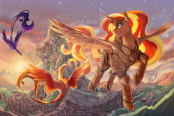 Size: 4500x3000 | Tagged: safe, artist:overlordneon, imported from derpibooru, philomena, sunset shimmer, oc, oc:faerana, alicorn, original species, phoenix, pony, fanfic:and a sky full of stars - amber spark, alicornified, armor, canterlot, crown, fanfic art, female, flying, high res, jewelry, mare, moon phoenix, obtrusive watermark, outdoors, race swap, regalia, shimmercorn, spread wings, sunset, watermark, wings