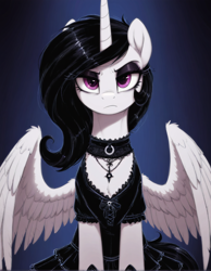 Size: 1248x1608 | Tagged: prompter needed, safe, imported from twibooru, oc, oc only, alicorn, pony, ai generated, alicorn oc, black dress, black mane, chest fluff, choker, clothes, dress, eyeshadow, female, front view, frown, goth, gradient background, horn, image, jewelry, lidded eyes, looking at you, makeup, mare, necklace, partially open wings, pink eyes, png, solo, white coat, wing fluff, wings