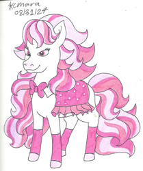 Size: 828x991 | Tagged: safe, artist:cmara, imported from derpibooru, horse, bowtie, candi (wild manes), clothes, female, gradient muzzle, leg warmers, mare, saddle, simple background, smiling, solo, tack, traditional art, white background, wild manes