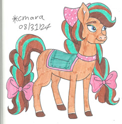 Size: 885x902 | Tagged: safe, artist:cmara, imported from derpibooru, horse, bandana, bow, cocoa (wild manes), eyeshadow, female, gradient legs, gradient muzzle, hair bow, makeup, mare, saddle, simple background, smiling, solo, tack, tail, tail bow, traditional art, white background, wild manes