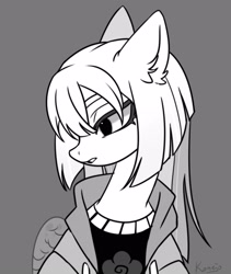 Size: 1824x2160 | Tagged: safe, artist:konejo, imported from derpibooru, oc, oc only, pegasus, pony, bust, clothes, ear fluff, female, gray background, gritted teeth, looking away, mare, monochrome, signature, simple background, solo, teeth