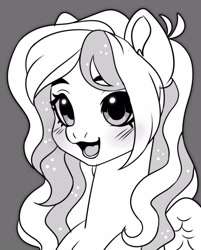 Size: 1740x2160 | Tagged: safe, artist:konejo, imported from derpibooru, oc, oc only, pegasus, pony, blushing, bust, ear fluff, eyes open, female, mare, monochrome, open mouth, simple background, solo, two toned mane