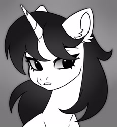 Size: 1983x2160 | Tagged: safe, artist:konejo, imported from derpibooru, oc, oc only, pony, blushing, bust, ear fluff, eyes open, female, gritted teeth, looking away, mare, monochrome, simple background, solo, teeth