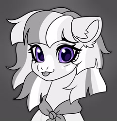 Size: 2082x2160 | Tagged: safe, artist:konejo, imported from derpibooru, oc, oc only, pony, blushing, bust, ear fluff, eyes open, female, looking at you, mare, mlem, monochrome, purple eyes, silly, simple background, solo, tongue out, two toned mane