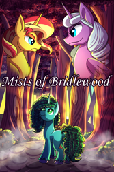 Size: 2000x3000 | Tagged: safe, artist:littletigressda, imported from derpibooru, opaline arcana, sunset shimmer, alicorn, pony, unicorn, fanfic:forgotten, bridlewood, butt, caption, crepuscular rays, fanfic, fanfic art, fanfic cover, female, forest, g5, high res, horn, looking at each other, looking at someone, mare, misty brightdawn, mistybutt, nature, outdoors, plot, scenery, text, tree, trio, trio female