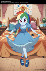 Size: 3744x5824 | Tagged: safe, imported from derpibooru, rainbow dash, human, equestria girls, ai composition, ai content, bed, blushing, breasts, clothes, dress, female, generator:stable diffusion, indoors, looking at you, platform sandals, prompter:kimberlite, rainbow dash always dresses in style, solo