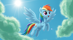 Size: 1408x768 | Tagged: safe, artist:3d4d, imported from derpibooru, rainbow dash, pegasus, ai content, cloud, female, flying, rainbow dash day, sun