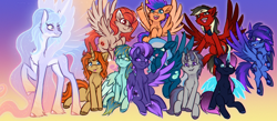 Size: 2300x1000 | Tagged: safe, artist:shad0w-galaxy, imported from derpibooru, oc, oc only, oc:boosted snail, oc:celtia, oc:osiris eclipse, oc:princess, oc:ruffled quill, oc:scarlet sound, oc:shadow galaxy, oc:verlo streams, oc:vivid tone, unnamed oc, alicorn, bat pony, pegasus, pony, unicorn, :p, armor, artificial wings, augmented, body markings, chest fluff, ear fluff, ethereal mane, ethereal tail, fangs, female, flying, freckles, glasses, gradient background, group, group picture, headphones, height difference, hooves, horn, large wings, long mane, looking at you, magic, magic wings, male, mare, open mouth, patreon, patreon reward, sitting, smiling, spread wings, stallion, starry eyes, starry mane, starry tail, tail, tongue out, unshorn fetlocks, waving, waving at you, wingding eyes, wings