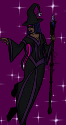 Size: 387x729 | Tagged: safe, artist:cesilija, imported from derpibooru, twilight sparkle, human, boots, clothes, dark skin, dress, female, hat, humanized, magician, purple background, robe, shoes, simple background, solo, sparkles, staff, witch, witch hat