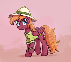 Size: 827x721 | Tagged: safe, artist:backgroundmares, imported from derpibooru, sweet pepper, pegasus, pony, clothes, female, folded wings, hat, mare, raised hoof, safari hat, shirt, smiling, solo, tail, wings