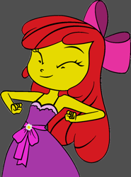 Size: 768x1039 | Tagged: safe, artist:dragonkingamn, imported from derpibooru, apple bloom, human, equestria girls, ^^, apple bloom's bow, armpits, bare shoulders, belt sash, bow, clothes, cute, dress, eyes closed, fall formal outfits, flower pin, grin, hair bow, my little pony equestria girls, purple dress, red hair, sleeveless, sleeveless dress, smiling, yellow skin