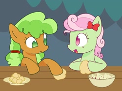 Size: 2048x1536 | Tagged: safe, artist:backgroundmares, imported from derpibooru, apple brown betty, florina tart, earth pony, pony, apple family member, bow, bowl, drool, duo, duo female, female, food, mare, open mouth, open smile, plate, smiling, table