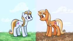 Size: 1299x733 | Tagged: safe, artist:backgroundmares, imported from derpibooru, autumn meadow, summer meadow, pony, unicorn, autumn, duo, duo female, female, friendship student, horn, looking at each other, looking at someone, mare, outdoors, smiling, summer, tail